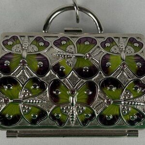 Judith Leiber Neiman Marcus Purple Green Butterfly Pillbox Trinket Box Silver